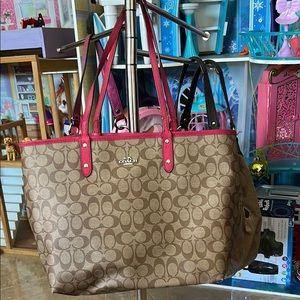 Coach Signature Canvas Tote Bag with Red Leather Trim!